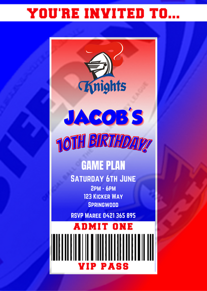 Newcastle Knights VIP Pass Birthday Invitation