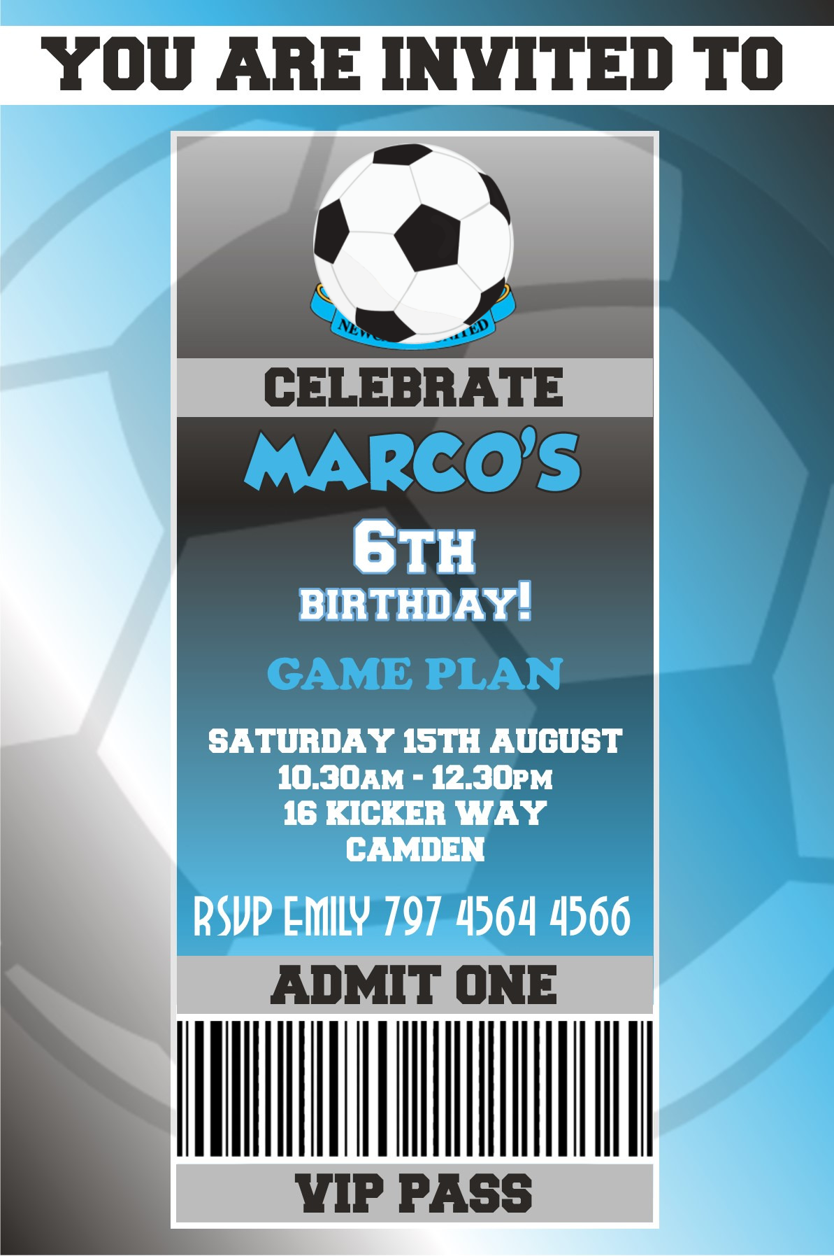Newcastle United themed Birthday Invitation
