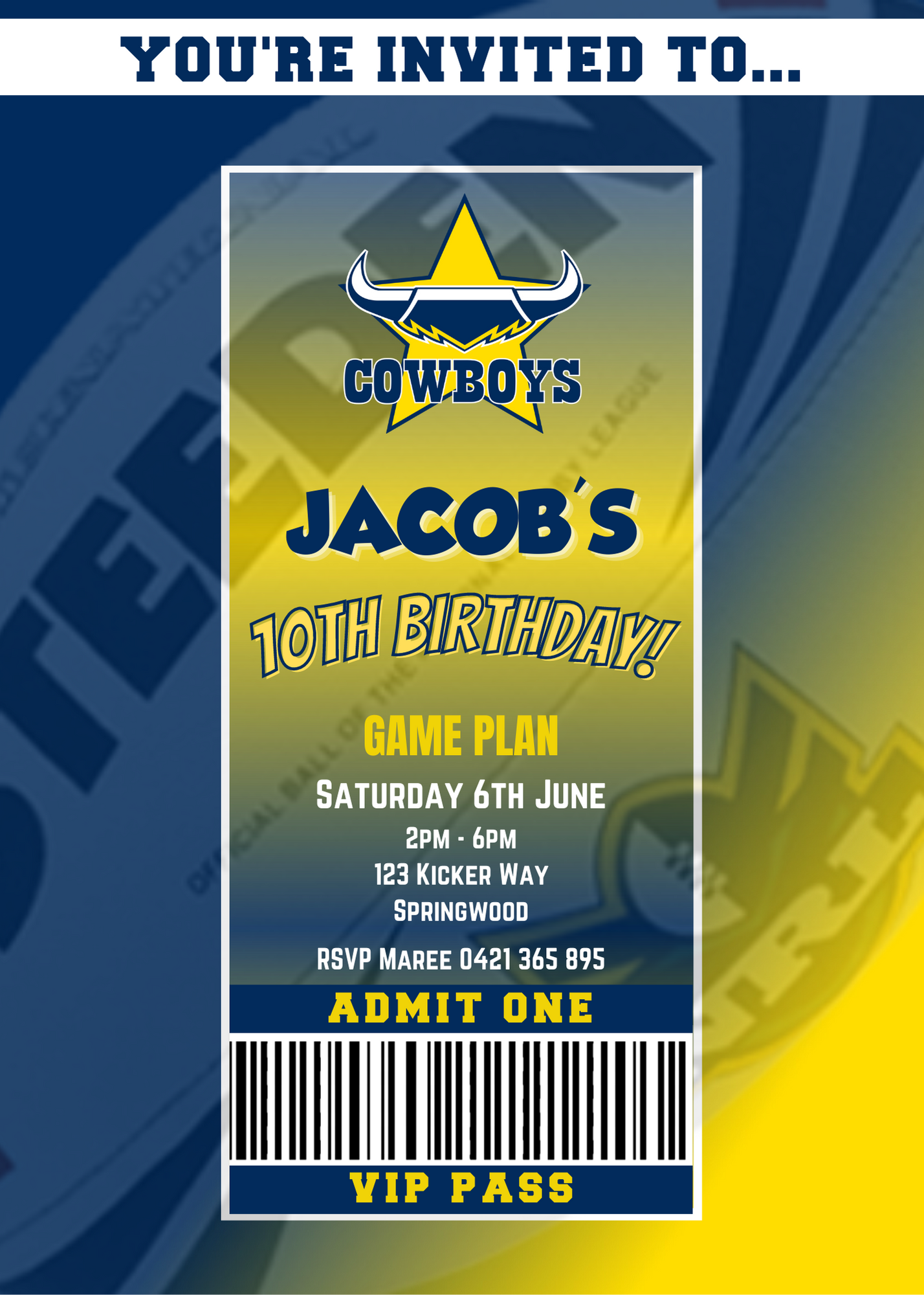 North Queensland Cowboys VIP Pass Birthday Invitation