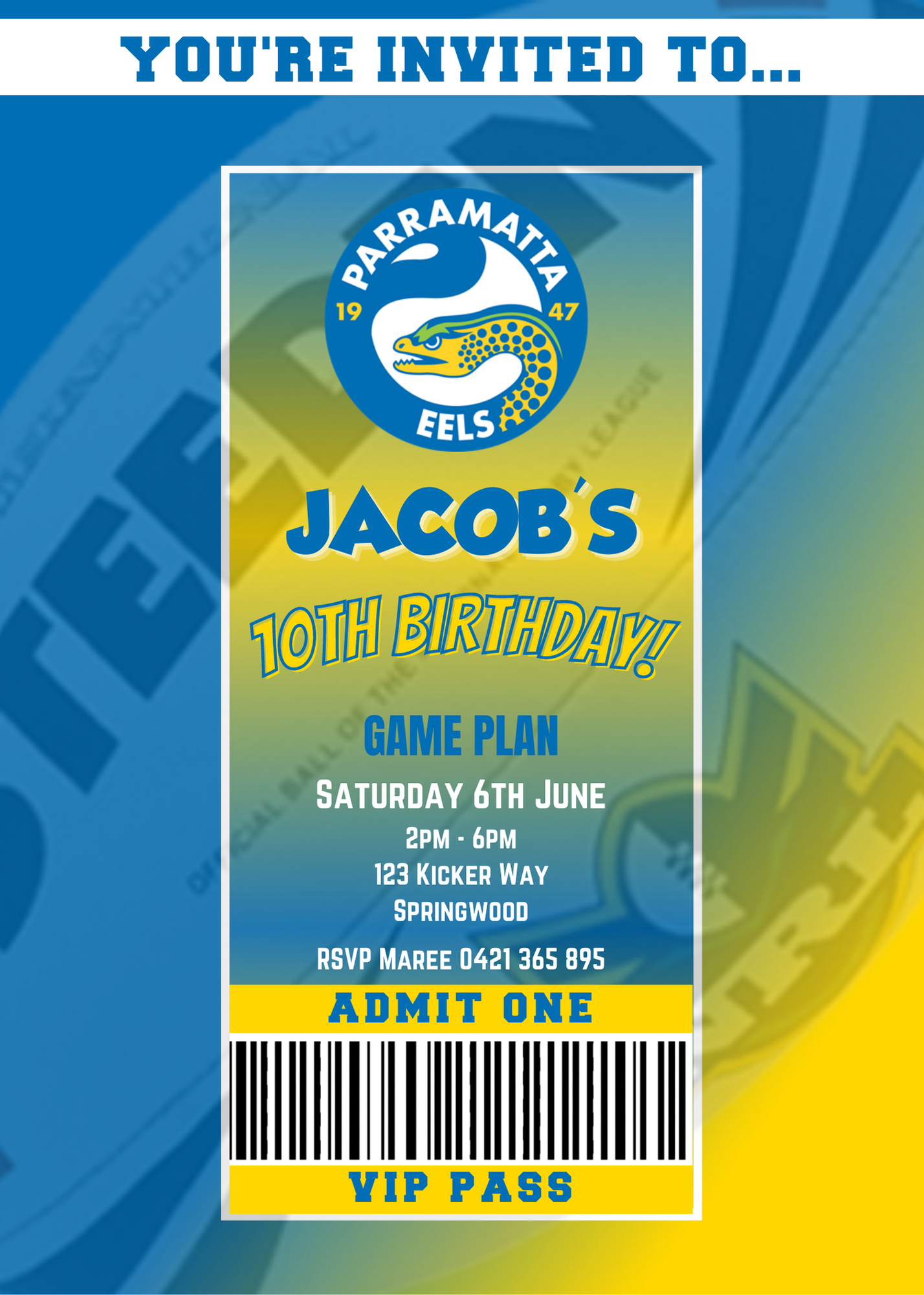 Parramatta Eels VIP Pass Birthday Invitation