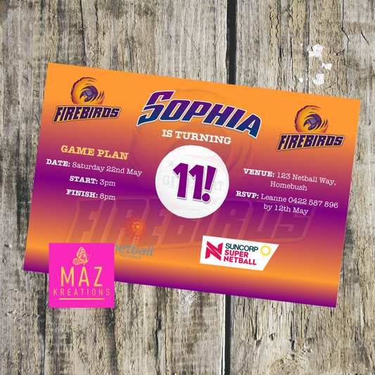 QLD Firebirds Netball Birthday Invitation
