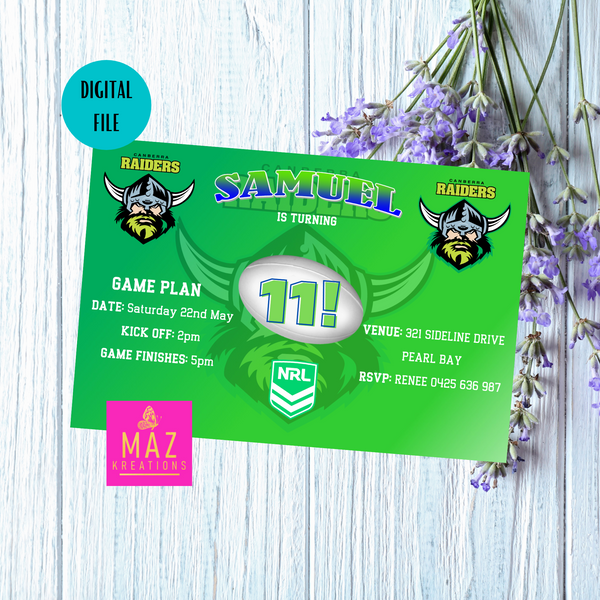 Canberra Raiders Birthday Invitation Maz Kreations
