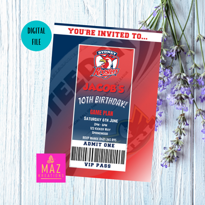 Sydney Roosters VIP Pass Birthday Invitation