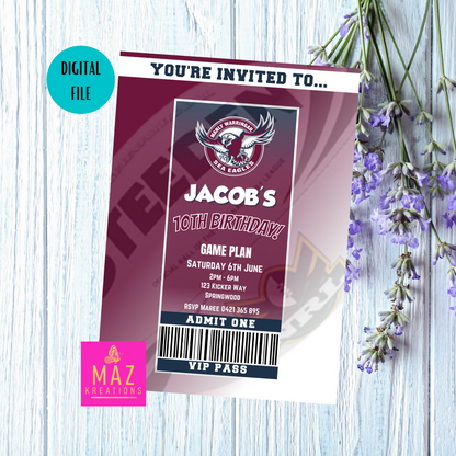 Manly Sea Eagles VIP Pass Birthday Invitation
