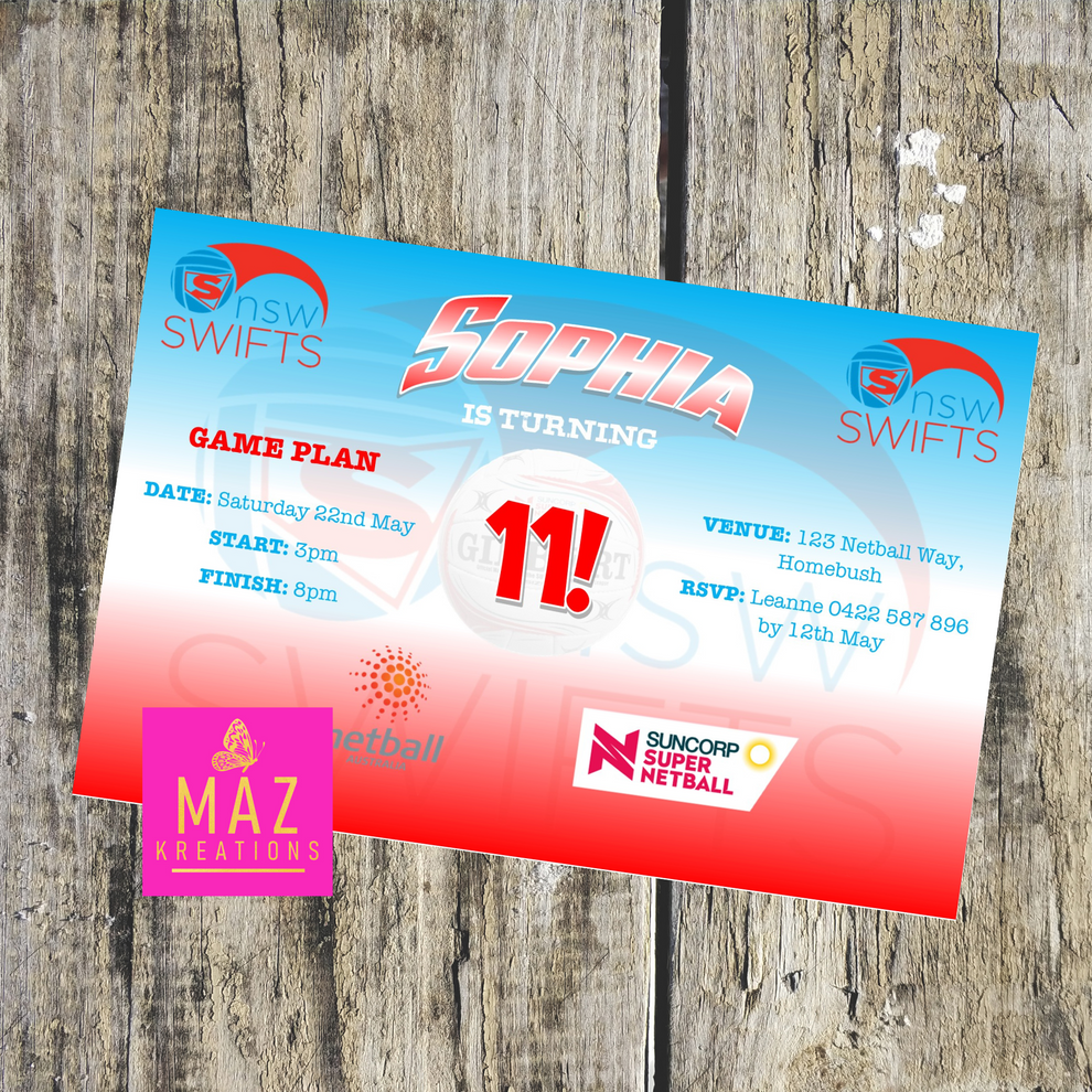 NSW Swifts Netball Birthday Invitation – Maz Kreations