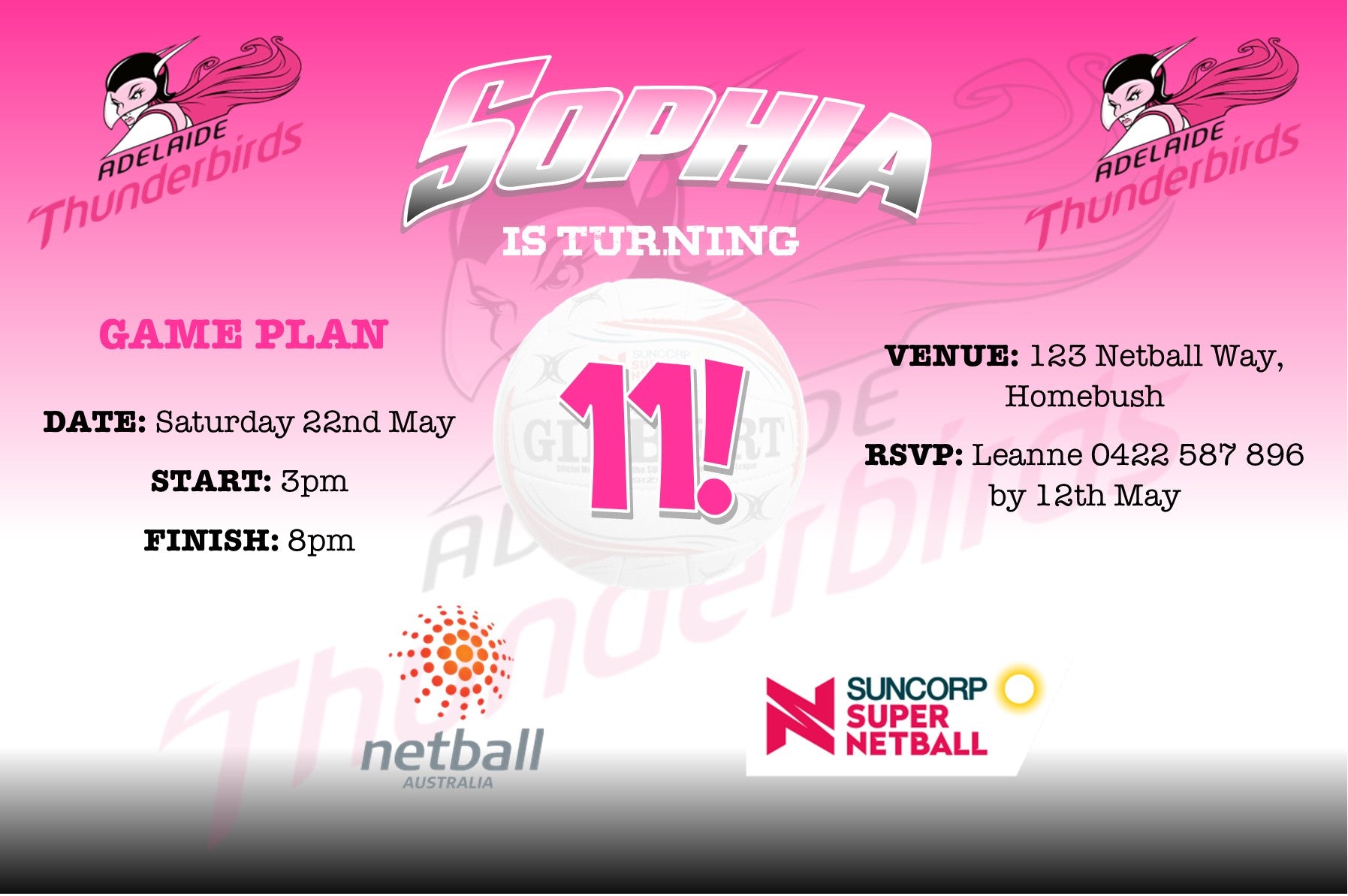 Adelaide Thunderbirds Netball Birthday Invitation – Maz Kreations