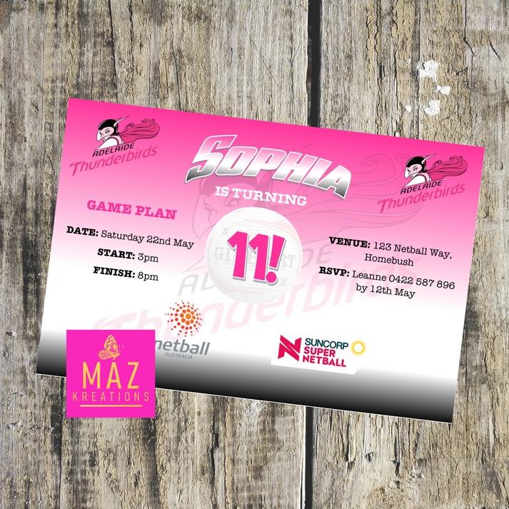Adelaide Thunderbirds Netball Birthday Invitation – Maz Kreations
