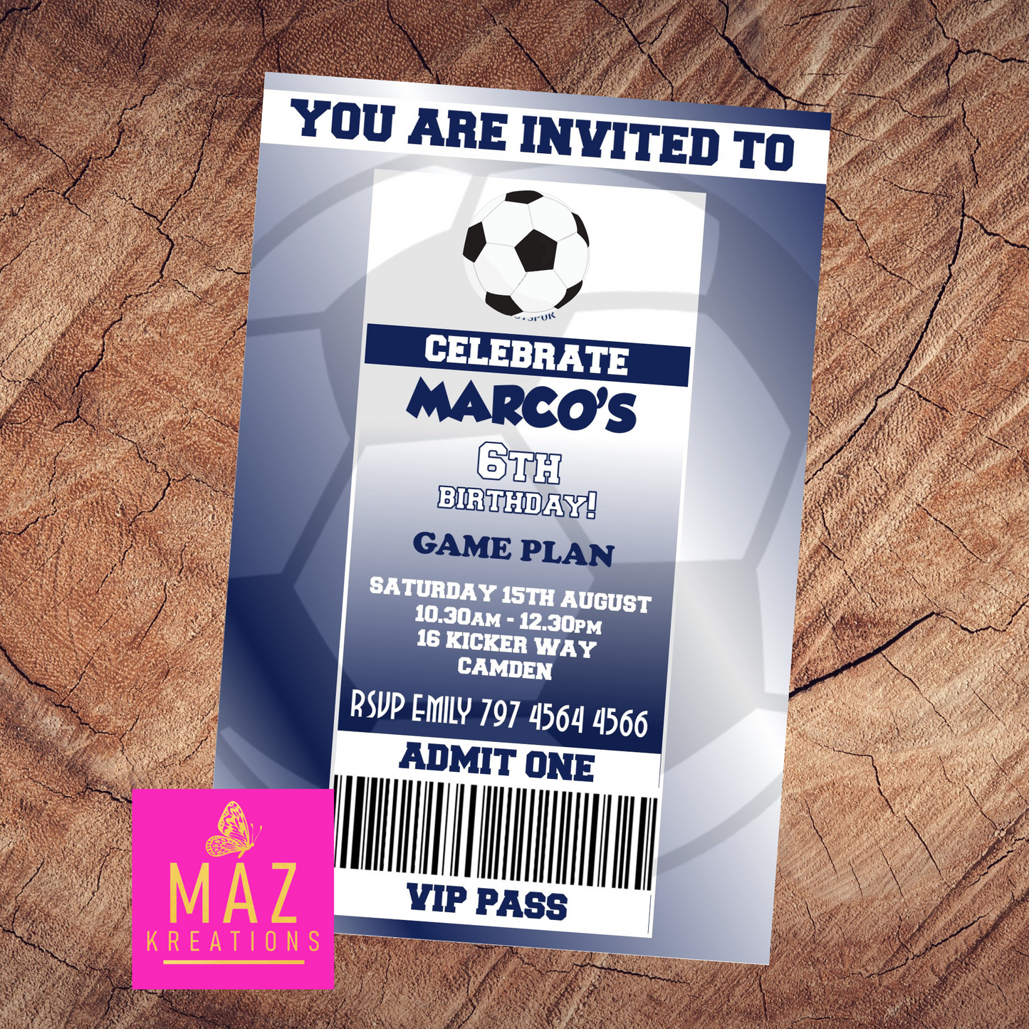 Tottenham Hotspur themed Birthday Invitation