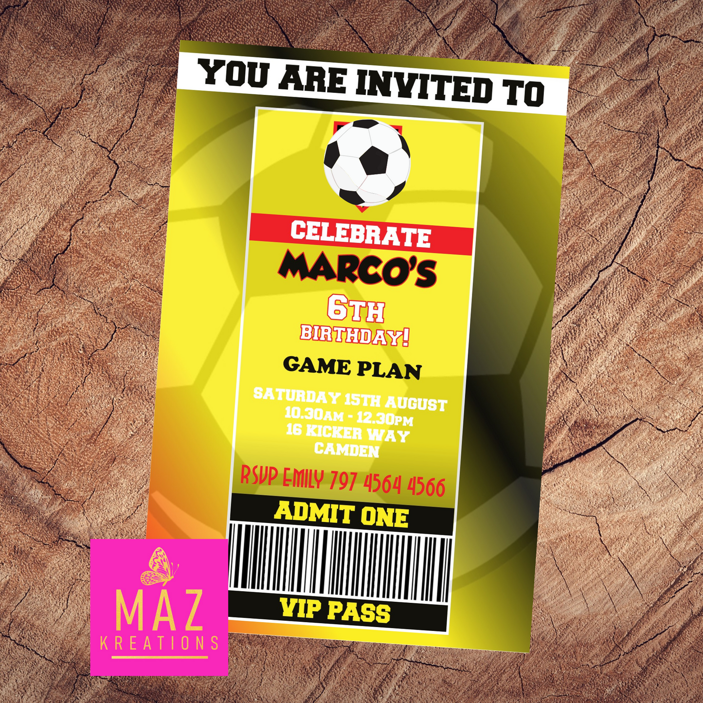 Watford themed Birthday Invitation