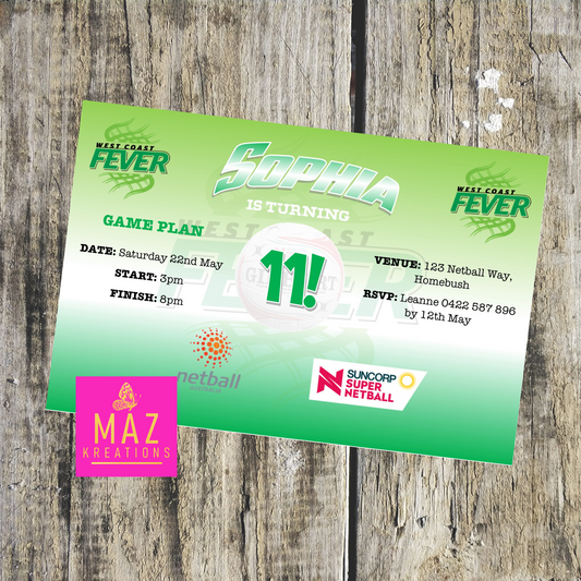 West Coast Fever Netball Birthday Invitation