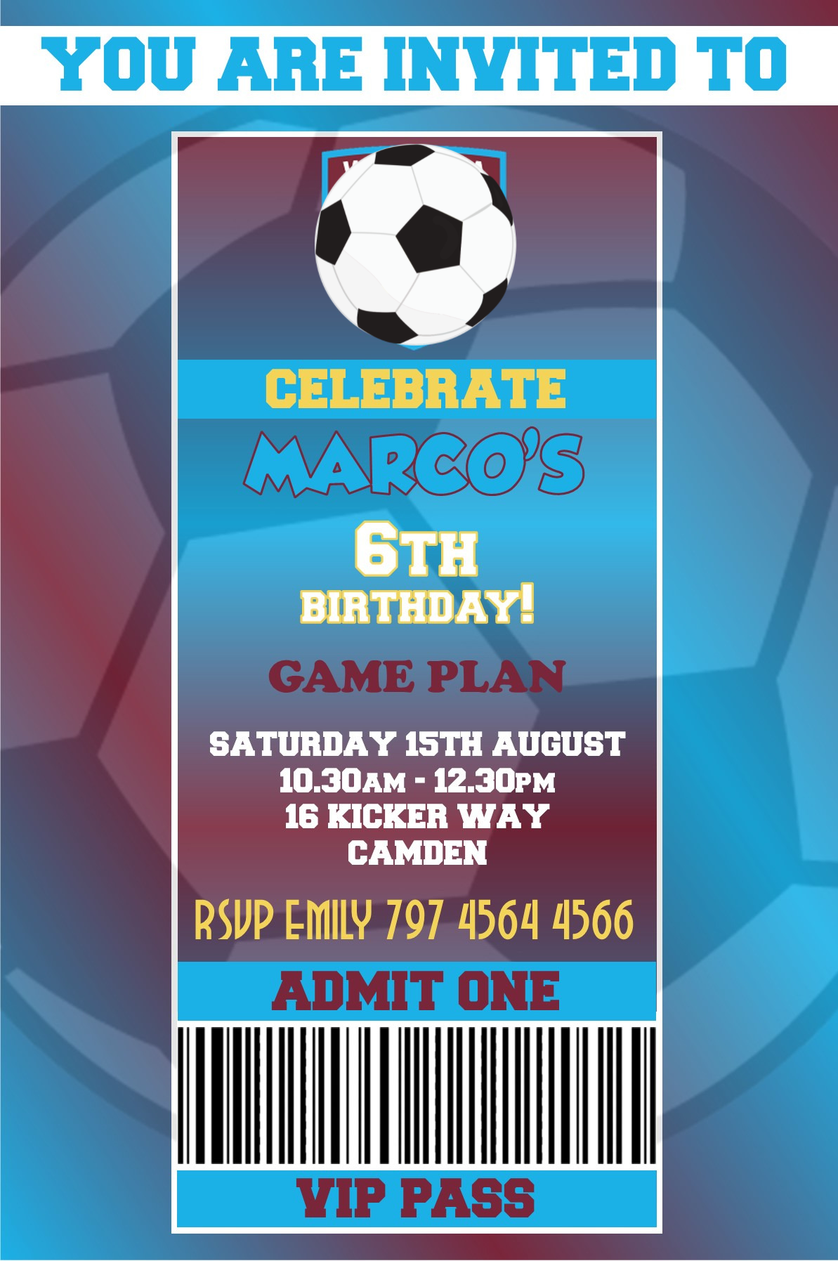 West Ham themed Birthday Invitation