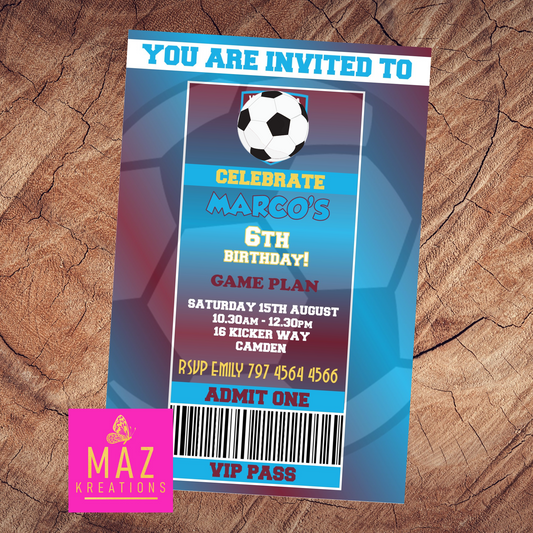 West Ham themed Birthday Invitation