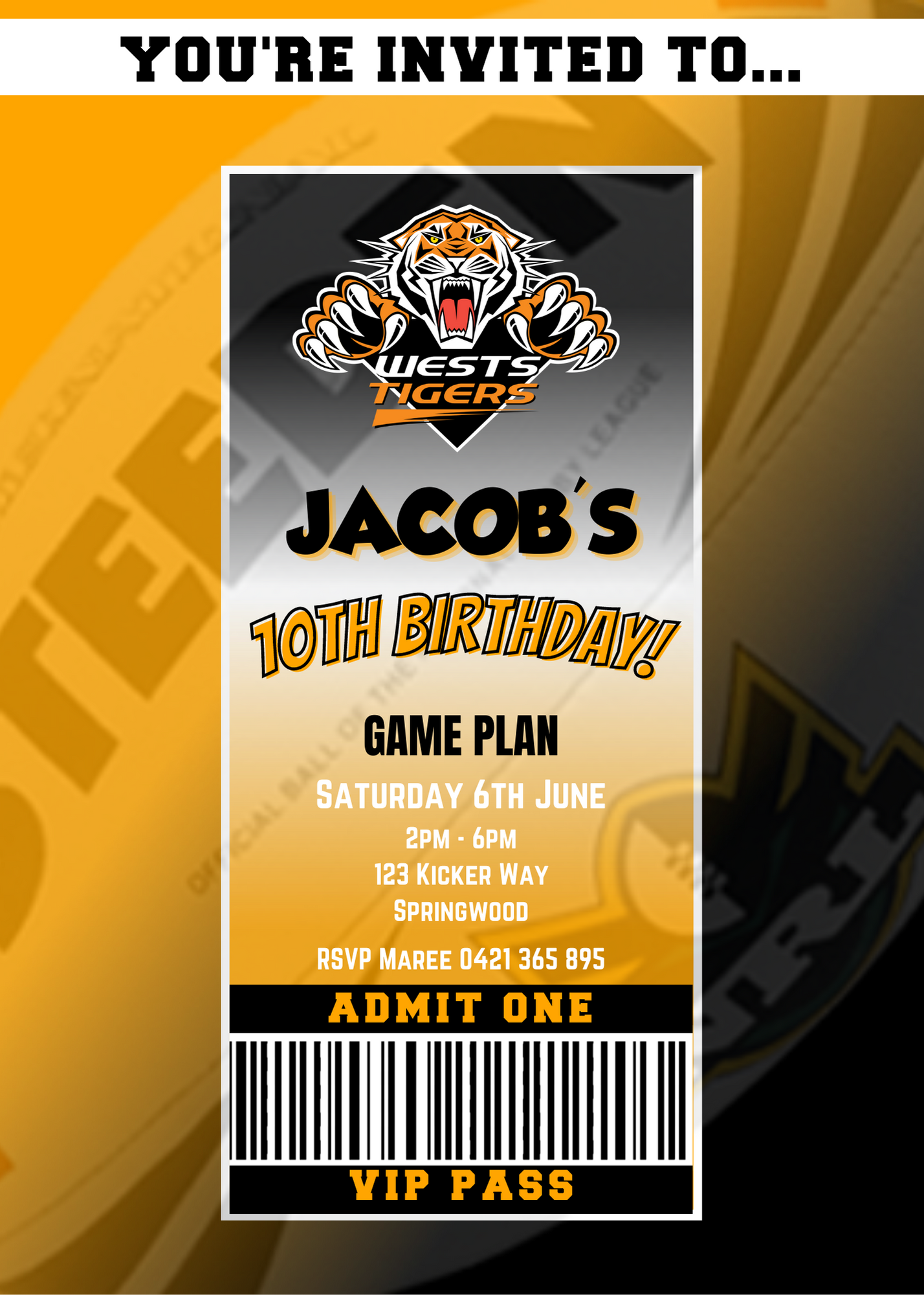Wests Tigers VIP Pass Birthday Invitation